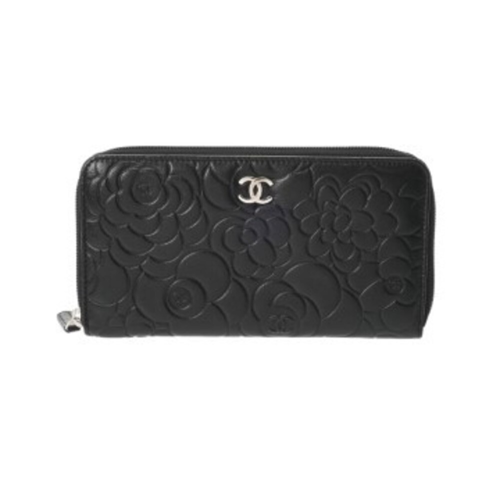CHANEL Chanel Round Zip Camellia Black Men's Leather Long Wallet, AB Rank, Us...